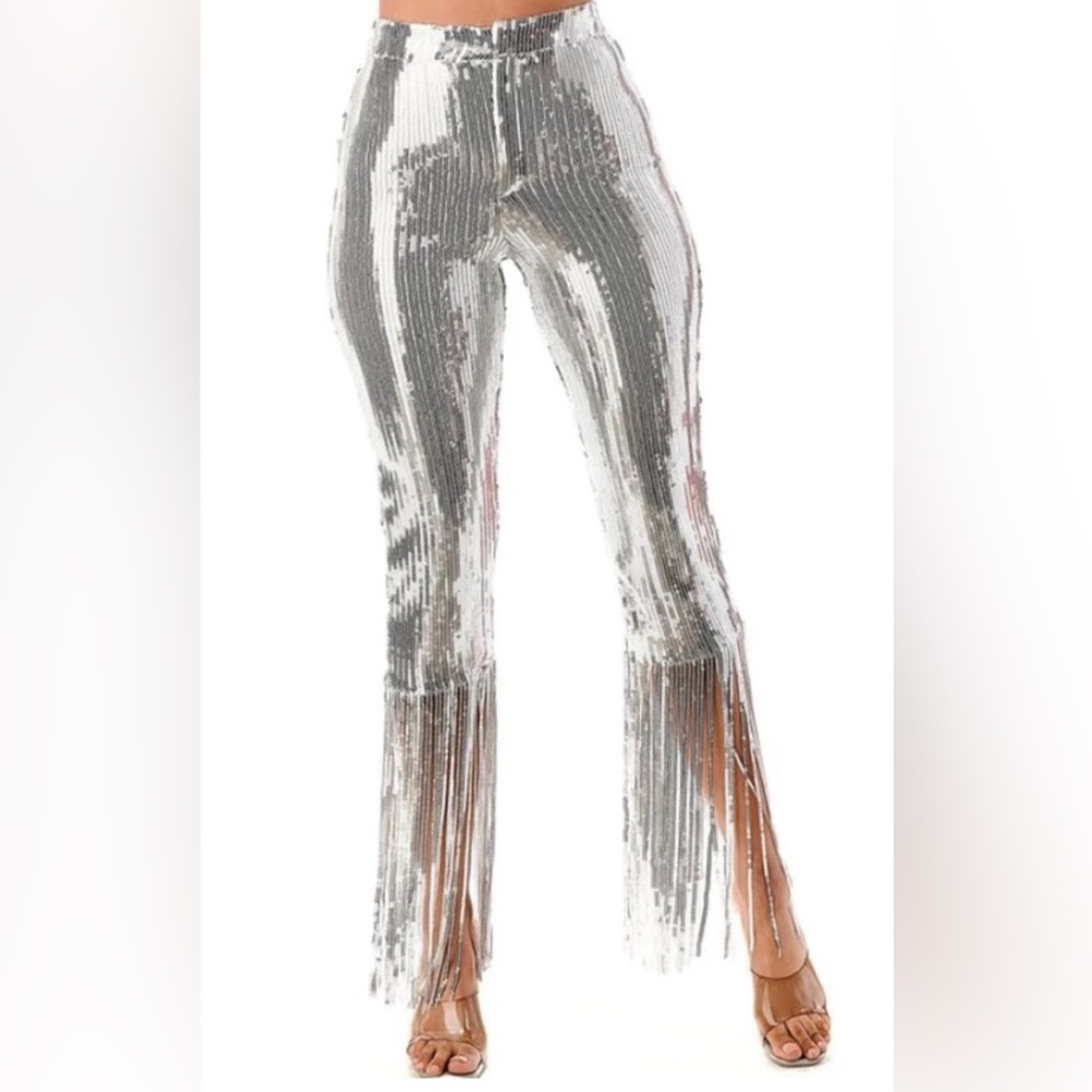 Silver Sequined Pants with Fringe NWOT